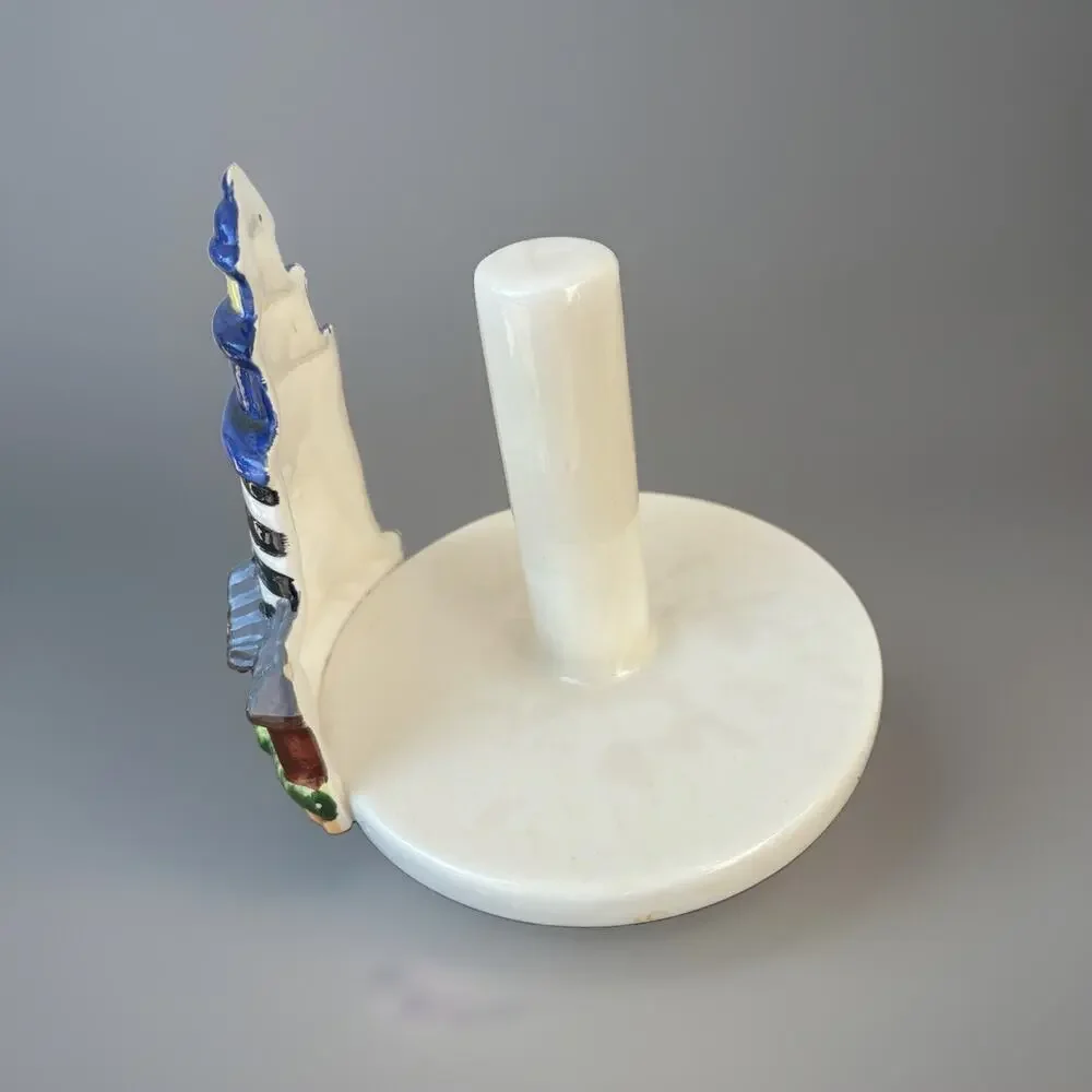 GMI Industries Ceramic Lighthouse Taper Candle Holder, Nautical Striped Glossy